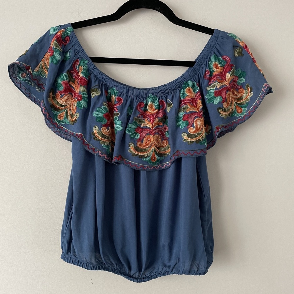 Surf Gypsy Embroidered Off Shoulder Top Blue Sz M Boho Festival Cowgirl Western